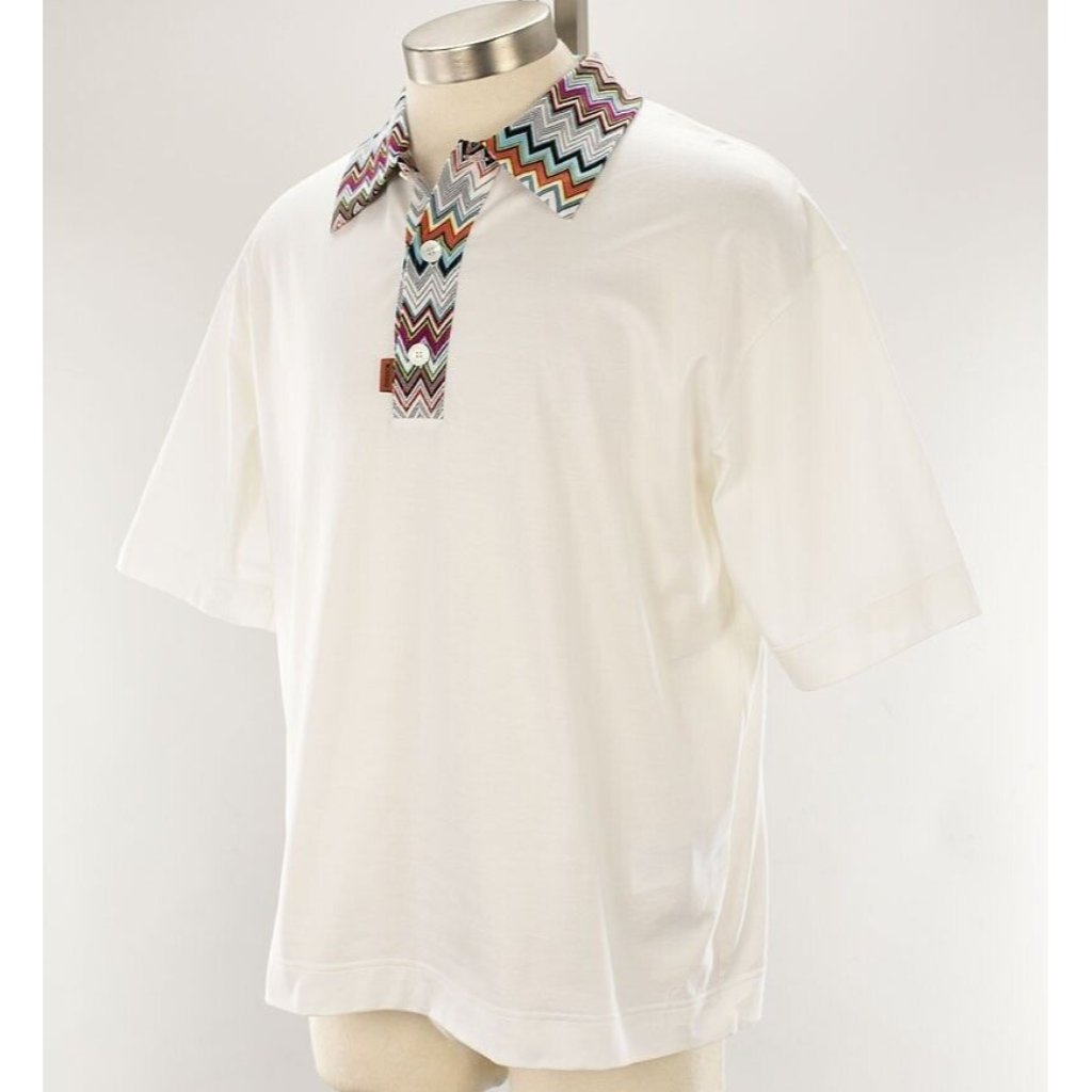 Missoni White Zig Zag Collar Cotton Short Sleeve Polo Shirt Medium Nwt